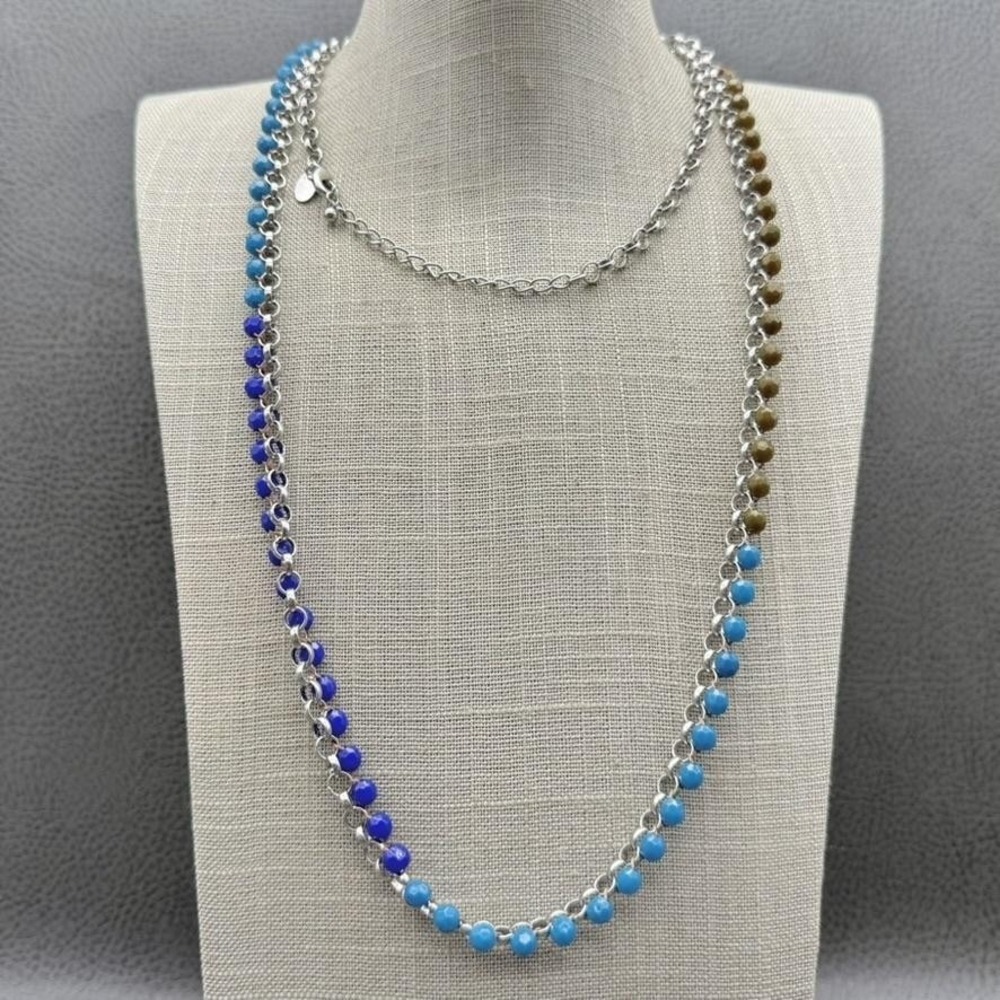 Lia‎ Sophia Beaded Chain Necklace Silver Tone Blue Brown Faceted Beads 36 Inch